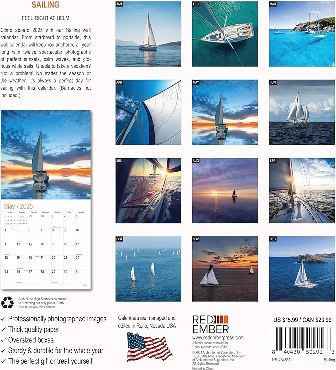 RED EMBER Sailing 2025 Wall Calendar 12 Month | 12" x 24" Open | Thick & Sturdy Paper | Giftable | Calendar 2025