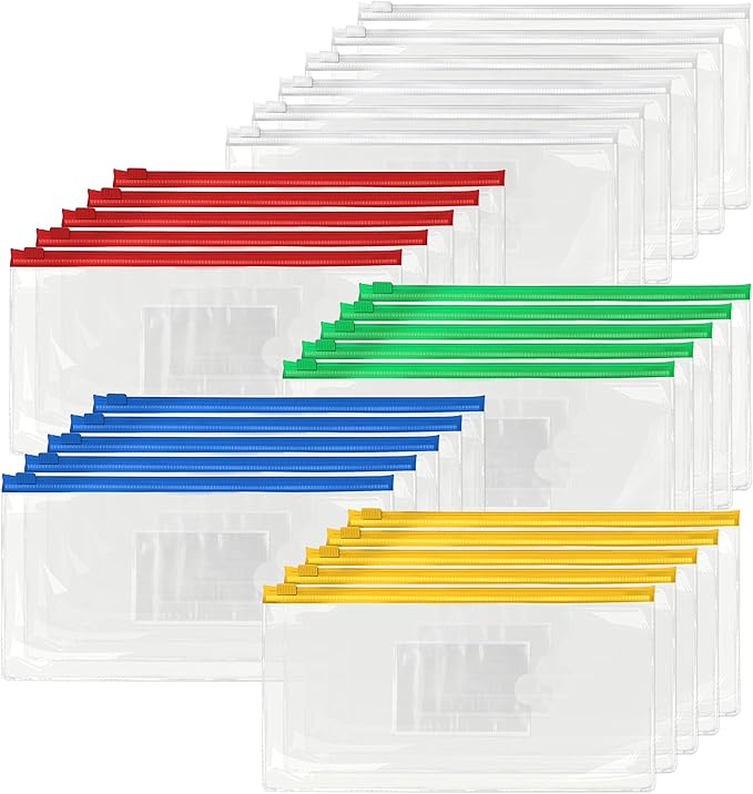 26 Clear Zip Envelope File Bill Document Bag Pocket Pencil Case with Tag Pocket, 5 Assorted Colors, 9.1” x 4.7”fit A6 Sheets