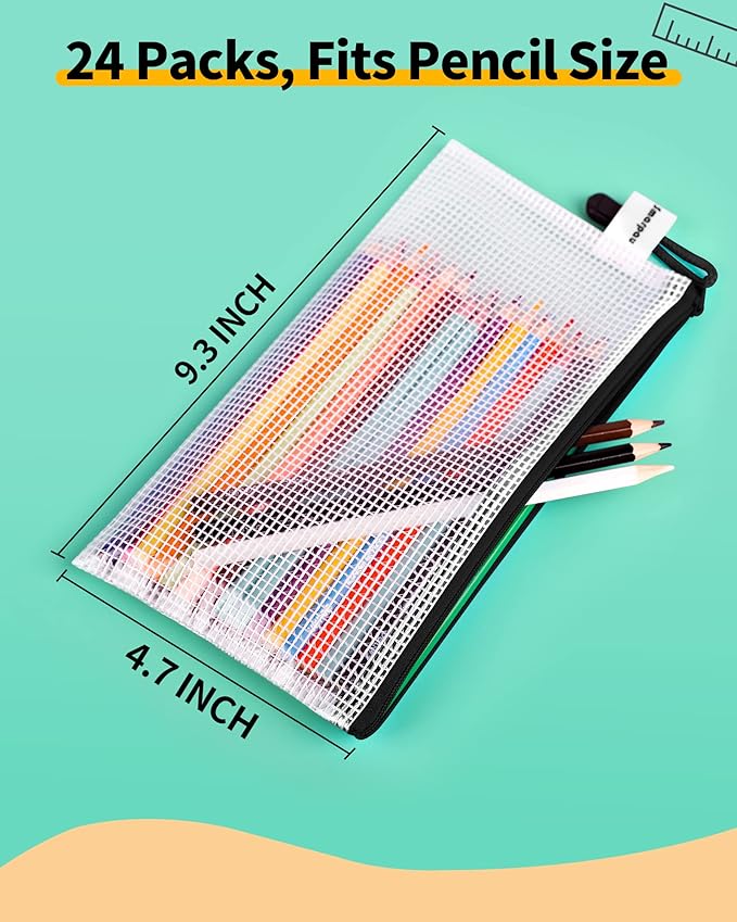 Smarpau Pencil Pouch 24PCS, 9.3" x 4.7" Mesh Zipper Pouches for Organizing, Bill Size Waterproof Zipper Pencil Bags for Travel, Office, Home Storage, Black