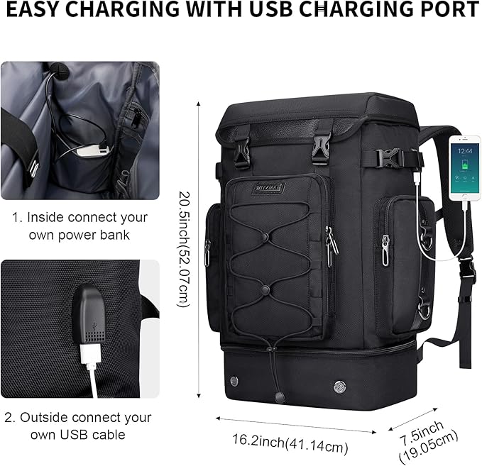 WITZMAN Travel Backpack for Men Women Carry on Bags for Airline Approved Convertible Duffle Luggage Backpack Shoe Compartment（B691 Classic Black）