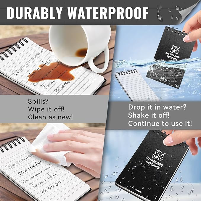 POPYOLA 6 Pack Waterproof Pocket Notebook, 3x5 Pocket Notepad, All Weather Mini Spiral Notepad, Write in the Rain Police Notepad with 100 Squared Pages for Outdoor Home Office School, Black