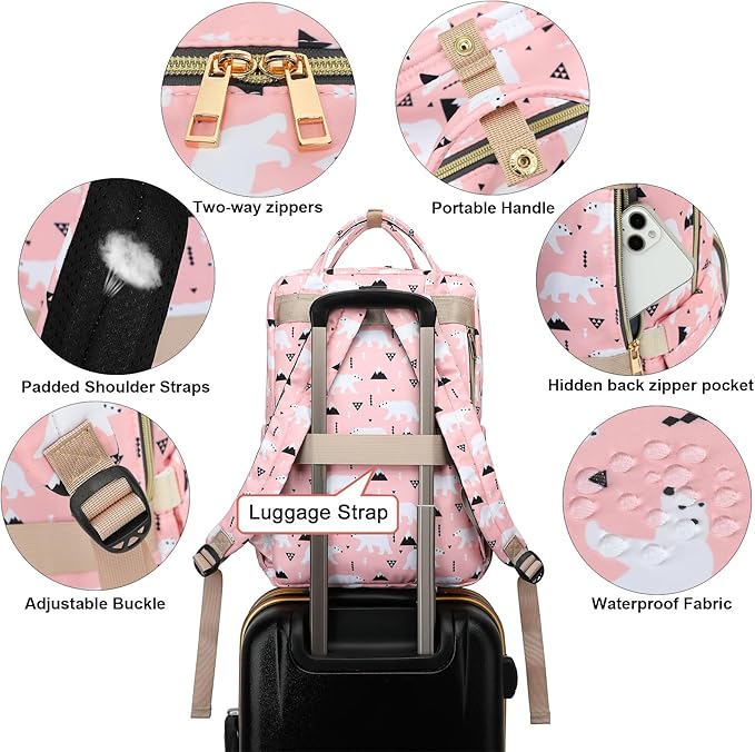 Polar Bear Laptop Backpack College Bookbag School Backpack for Women Girls, Travel Backpack 15.6 Inch Computer Backpacks (Pink)