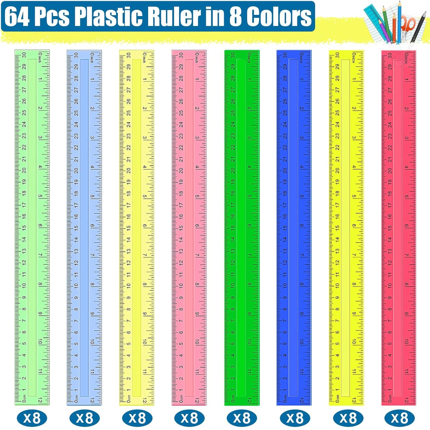 Ruler, 64 Packs 12 Inch Clear Plastic Assorted Color Metric Bulk Rulers with Inches Centimeters Millimeter. Measuring Drawing Tool for Kids, Ideal Back to School Classroom Office Home Supplies