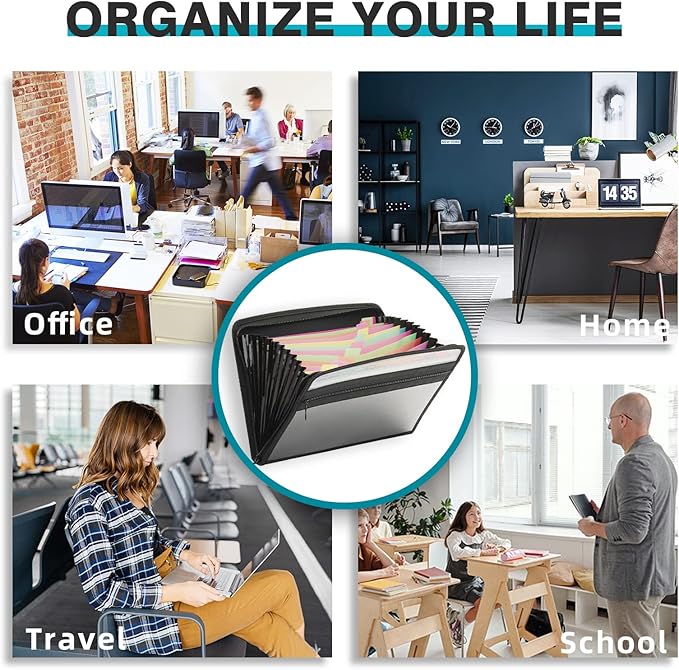 H4D 13 Pocket Expanding File Folder Organizer with Front Clear Pounch, Accordion File Organizer with Zipper Clourse, Fit for Letter Size Papers, Black