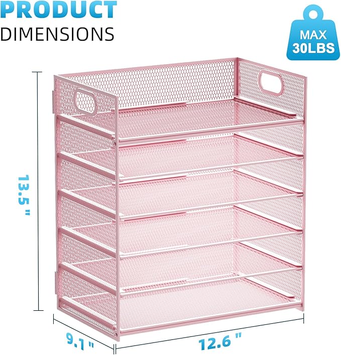 Marbrasse 6 Tier Paper Organizer Letter Tray - Mesh Desk File Organizer with Handle, Paper Sorter Organizer for Letter/A4 Office File Folder Holder - Pink