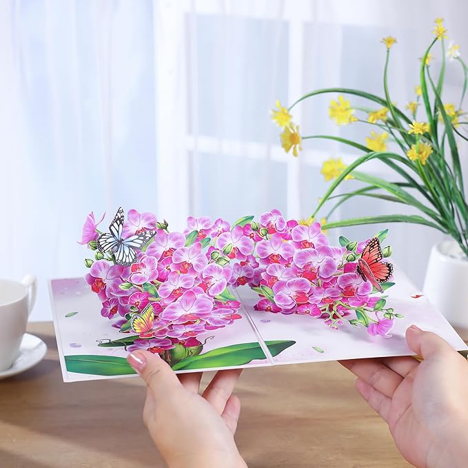 Pop Up Birthday Card for Women, Wife; Butterfly on Purple Orchid Mother's Day Card, 6"x 8" Gift Cards,Thinking of You, All Occasion for Her, Mom, Sister, Grandma, Daughter, Every Orchid Lover