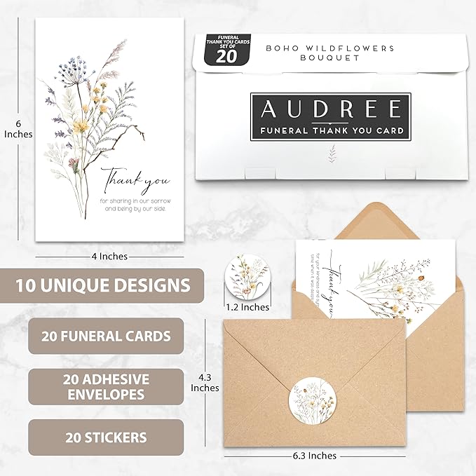 AUDREE 20 Pcs Funeral Thank You Cards with Envelopes Message Inside and Matching Stickers - Bulk 4×6 Watercolor Boho Wildflower Bereavement Thank You Cards For Funeral