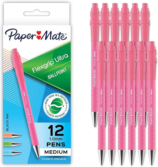 Paper Mate FlexGrip Ultra Ballpoint Pens, Made from Recycled Plastic Materials, Assorted Barrel Colors, Medium Point (1.0mm), Black, 12 Count