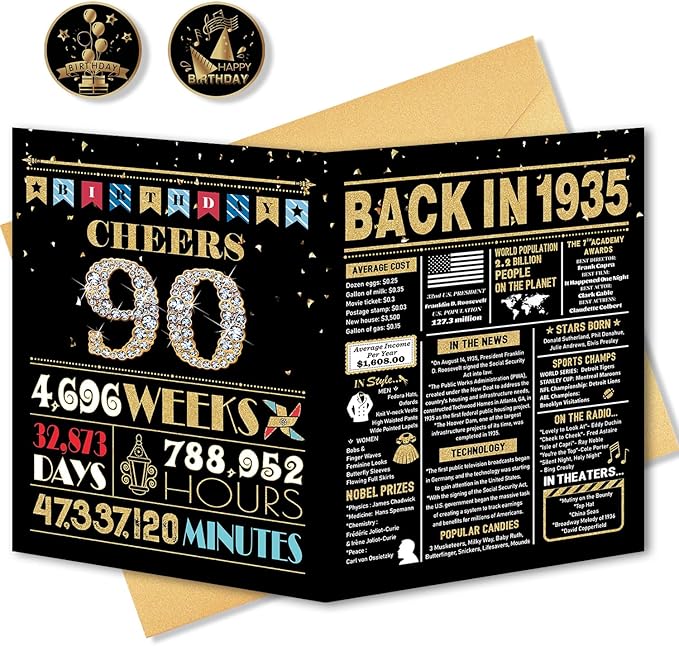 90th Birthday Card, 90th Birthday Decorations for Women Men, 90th Birthday Gifts for Grandma Grandpa, Back in 1935 Birthday Card, Black Gold