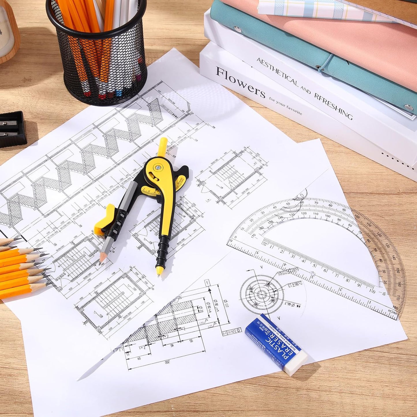 EBOOT Student Geometry Math Set, Drawing Compass and 6 Inch Clear Swing Arm Protractors 180 Degree Math Protractor (Yellow)