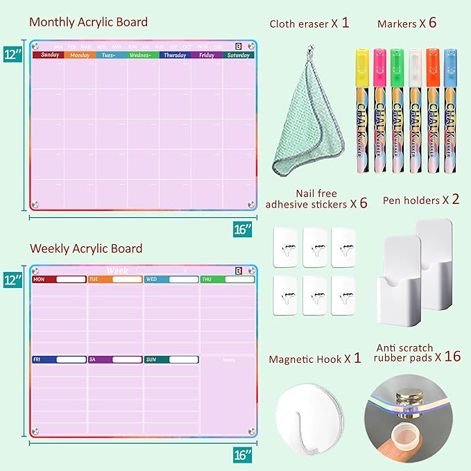 Pink Fridge Calendar - Acrylic calendar for fridge - 2 PCS Magnetic calendar for refrigerator | Monthly Planner, Weekly Planner with Removable template - 6 Dual Tip Vibrant Chalk Markers.
