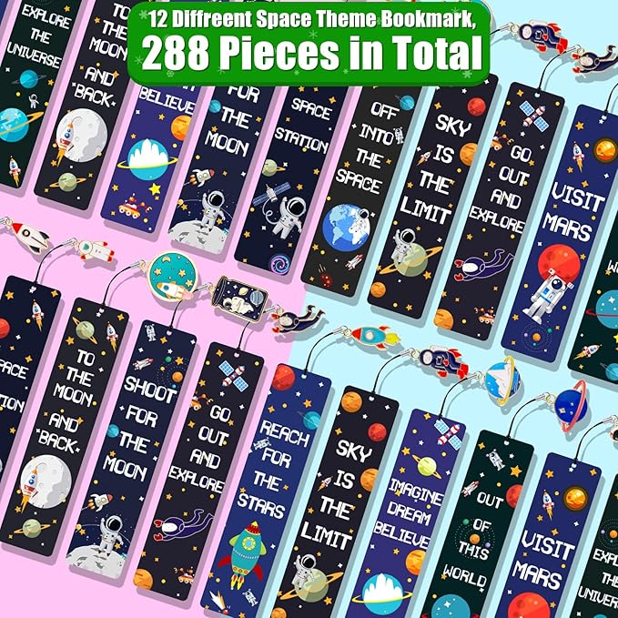 Christmas Space Theme Bookmarks with Metal Charms Planet Rocket Space Ship Theme Bookmarks Inspirational Quotes Bookmarks for Space Christmas Party Favors Gifts Kids Boys Girls Encourage(288 Pieces)