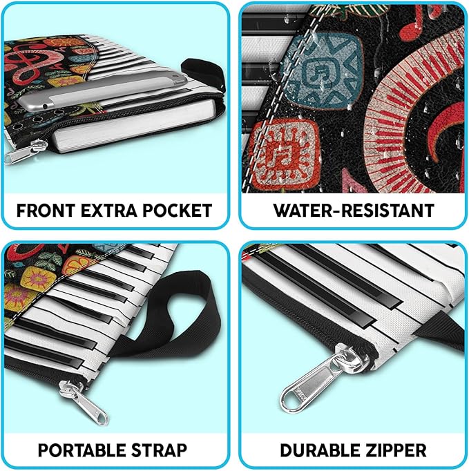 Piano Gift Book Sleeve Bag with Zipper and Front Pocket for Paperbacks. Washable Fabric 11 X 8.5 Padded Book Bag Protector Pouch. Colorful Pattern