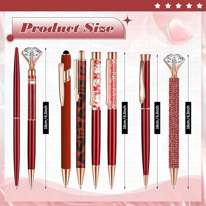 Supervitae 8 Pcs Ballpoint Pen for Women Fancy Gifts for Journaling Liquid Sand Glitter Black Ink Pens Bridal Shower Gifts for Wedding Women Office Desk School Stationery Supplies(Red)
