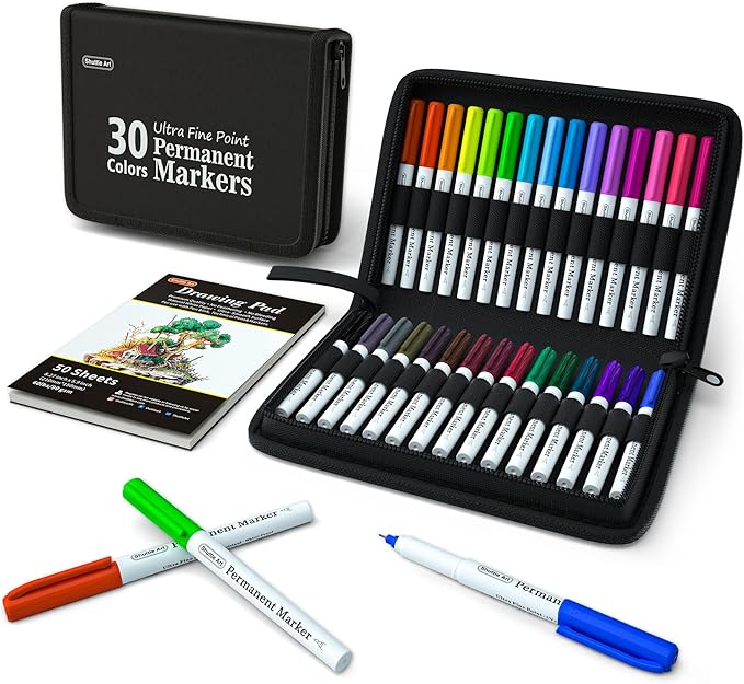 Shuttle Art Permanent Markers, 30 Assorted Colors Ultra Fine Point Permanent Marker Packed in Travel Case, Ideal Colored Markers Set for Adults Coloring Doodling on Plastic, Glass, Gift for Teens