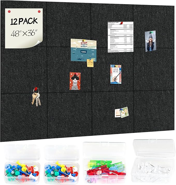 12-Pack Large 48"x36" Cork Board for Office & Walls - Self-Adhesive Felt Wall Tiles with Push Pins | Reusable Tack Board for Home Decor | Removable Alternative to Traditional Cork Bulletin Boards