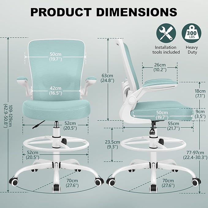 FelixKing Drafting Chair Ergonomic Tall Office Chair, Breathable Mesh Chair with Adjustable Footrest Ring Lumbar Support Flip-up Armrests, High Back Executive Comfy Task Computer Chair for Home Office
