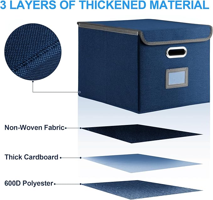 File Organizer Box with Lid, Collapsible File Folder with Plastic Slide for Office/Decor/Home, Hanging Office Document Storage, 14.9 6x 12.6 x 10.83 inch，1 pack - without folders,Blue