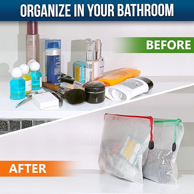 16 Pack Assorted Sizes Plastic Mesh Zipper Pouches for Storage & Organize Board Games - Puzzles - Documents - Bills - School and Office Supplies - Travel - Makeup - Multisize Mesh Zipper Pouch