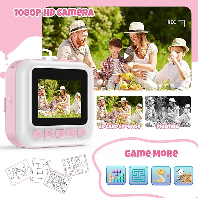 Kids Instant Print Camera, 1080P for Girls & Boys Age 3-10, Pink with 3 Roller Photo Paper