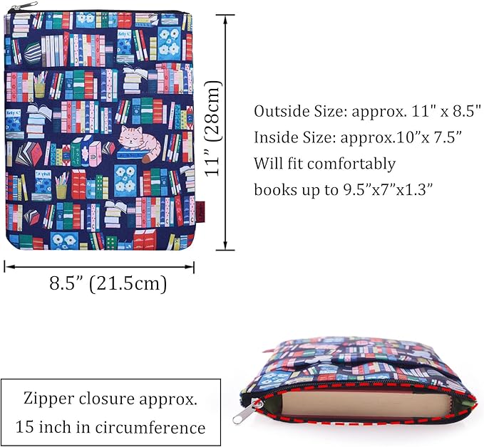Book Sleeve for Book Lovers, Bookish Book Protector, Book Covers for Paperbacks, Washable Fabric, Book Sleeves with Zipper, Medium 11 Inch X 8.7 Inch