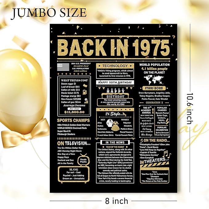 50th Birthday Card, 50th Birthday Gifts for Women Men, 50th Birthday Decorations for Him Her, Back in 1975 Birthday Card, Black Gold
