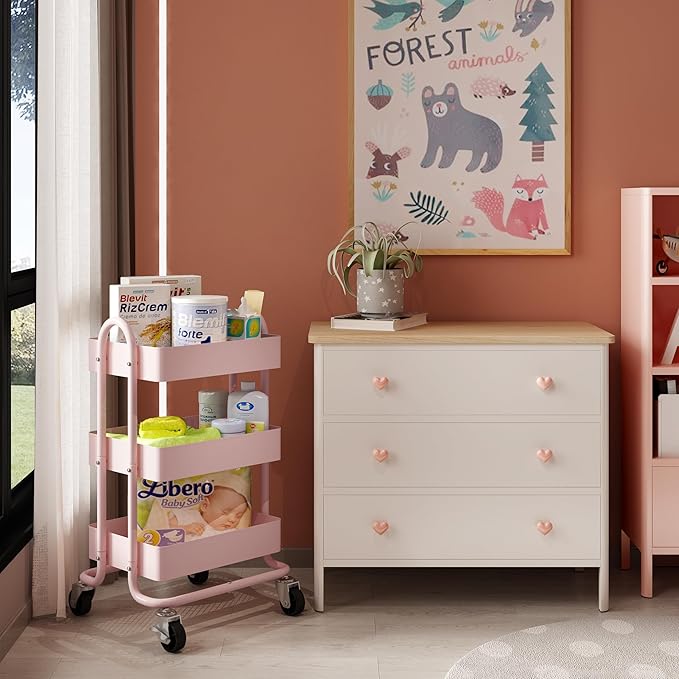 3-Tier Pink Utility Rolling Cart,Kitchen Storage Carts with Wheels,Pink Metal Rolling Cart for Office,Home,Kitchen,Garden（13.4"x18.1"x31"） Pink