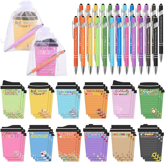 36 Set Teacher Appreciation Gifts Bulk Team - 36 Coffee Cup Notepad+ 36 Ballpoint Pens+ 36 Drawstring Gift Bags, Bulk Gifts for School Office Christmas Teacher's Day Coworker Nurse Employee