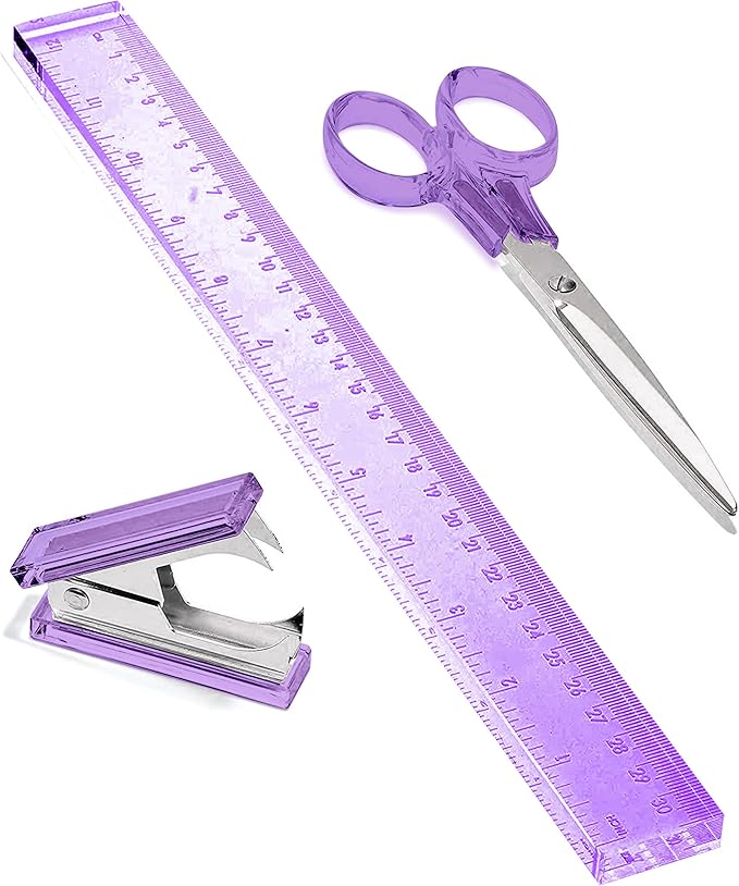 OfficeGoods 3 Piece Acrylic Desk Set - Includes Ruler, Staple Remover, Scissors - Functional & Elegant Desk Accessories - Stationery Tools for Home, Office, and School - Purple with Silver Metal