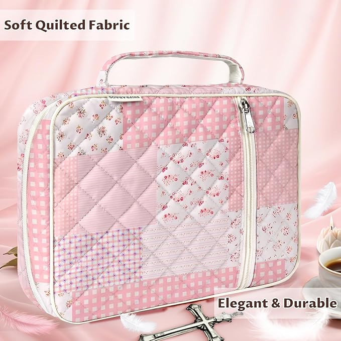 shirabags Quilted Bible Cover Case for Women - Elegant Cotton Bible Bag for Study, Church, Christian Gifts for Women (Pink Floral Patchwork, L)