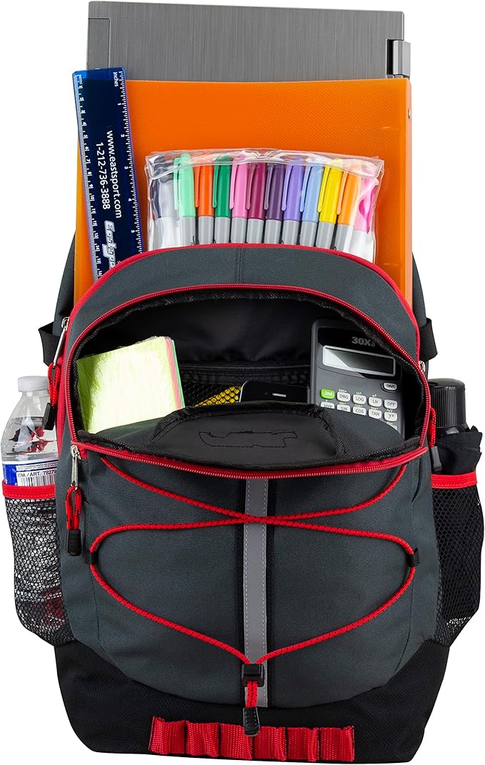 FUEL Hiking Backpack for Women Men Terra Sport, Travel, College, Gym, Work with Laptop Sleeve, Bungee, 18 Inches, Black Red Graphite