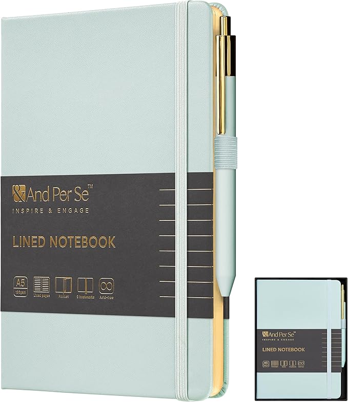 A5 Lined Leather Journal and Pen Set, Hardcover Notebook with Pen, 160 Pages 100gsm Thick Ruled Paper for Men Women, for Work, Business, School or Home Writing, 5.7'' x 8'', Gift Box Included(Cyan)