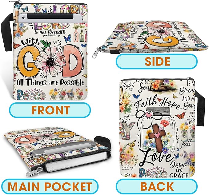 84hoods Book Cover Bag with Zipper and Front Pocket. Bible Book Sleeve. Christian Faith God Religious Gift. Washable Fabric 11 X 8.5 Inch. All Things are Possible