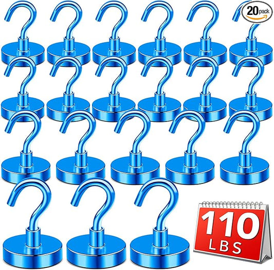 DIYMAG Blue Magnetic Hooks, 110 LB Heavy Duty Strong Magnet with Hooks, Strong Rare Earth Neodymium Magnet Hooks for Hanging, Magnetic Hanger for Curtain, Home, Kitchen, Workplace, 20 Packs