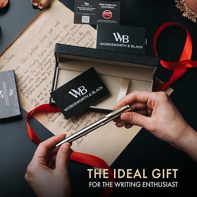 Wordsworth & Black Fountain Pen Set, 18K Gilded Extra Fine Nib, Includes 24 Pack Ink Cartridges, Ink Refill Converter & Gift Box, Gold Finish, Calligraphy, [Silver Gold], Perfect for Men & Women