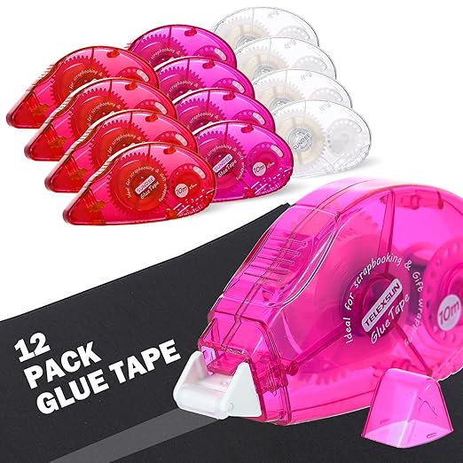 Glue Runner Permanent, Double Sided Adhesive Scrapbook Runner Tape Roller, 0.3-inch by 360-Inch, Permanent Adhesive Dots Roller Applicator - 12Packs Rose and Red