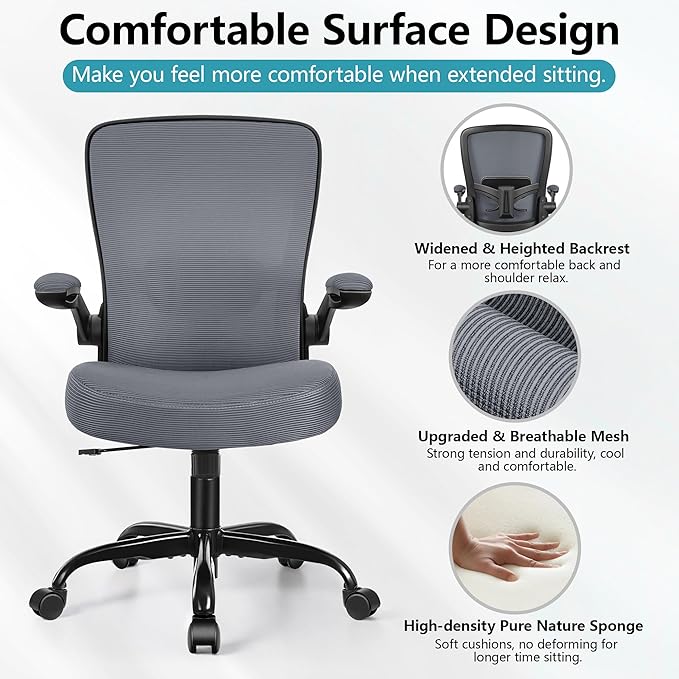 FelixKing Office Chair, Ergonomic Desk Chair Breathable Mesh Chair with Adjustable High Back Lumbar Support Flip-up Armrests, Executive Rolling Swivel Comfy Task Computer Chair for Home Office