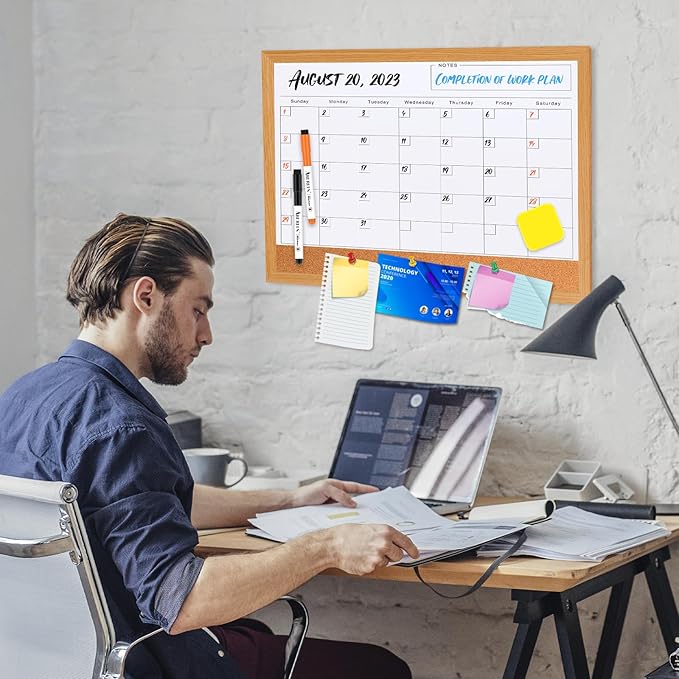 Dry Erase Monthly Calendar Board for Wall, 17"x13" Hanging Board, Magnetic White Boards, Rustic Brown Wood Frame White Board Cork Board Combo, Calendar Bulletin Board for Kitchen Planner Memo Office