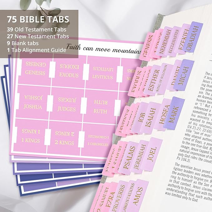 Bible Tabs for Women & Men, Laminated Bible Tabs for Study Bible, Large Print Bible Tabs for Easy Navigation, Bible Index Tabs, 66 Tabs Old & New Testament, Extra 9 Blank Tabs - Violet Ombre
