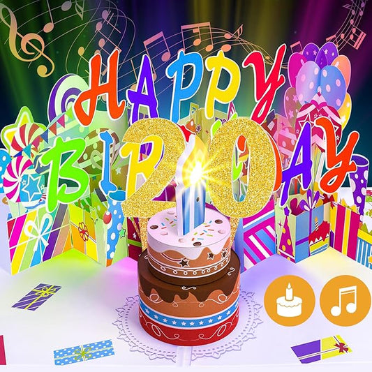 Gumry 20TH Musical Birthday PopUp Card, Blowable Colorful Light Candle 3D Cards with Song, Applause Cheers Sound, Greeting Cards Birthday Gifts Decorations for Girls Boys Turning 20 Years Old