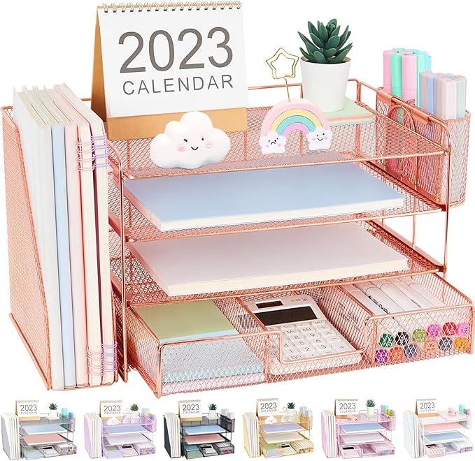 Desk Accessories - Workspace Organizer with 2 Pen Holders, 4 Tier Paper Organizer (Rose Gold)