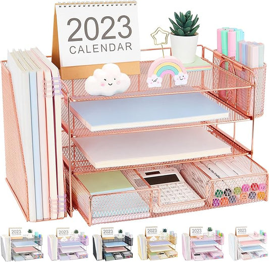Desk Accessories - Workspace Organizer with 2 Pen Holders, 4 Tier Paper Organizer (Rose Gold)