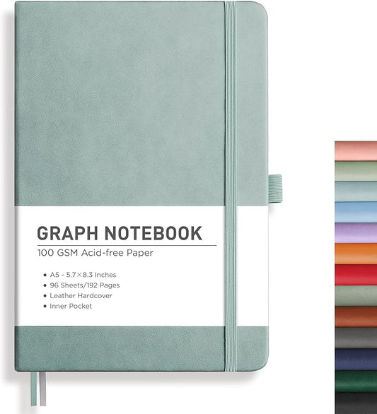 RETTACY Graph Paper Notebook, A5 Grid Notebook Journal with 192 Pages, 5.7'' × 8.3'', Medium Size, Leather Hardcover, 100 GSM Thick Paper, for Students, Homework, Math, Engineering (Blue-gray)