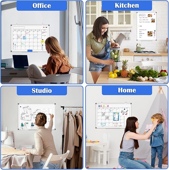 Monthly Calendar Dry Erase Whiteboard for Wall, 36" x 24" Double-Sided Calendar White Board, Magnetic Portable Board for Office, Kitchen, School, Home