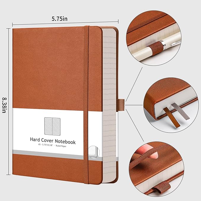 AHGXG Lined Journal Notebook - 320 Numbered Pages A5 College Ruled Notebook Thick Journal for Writing, 100gsm Lined Paper, Leather Hardcover, for Women Men Work Office School, 5.75'' X 8.38''-Brown