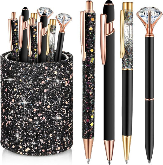 Sabary 8 Pcs Ballpoint Pens with Pen Holder for Desk Metal Crystal Diamond Pen Glitter Pencil Holder Fancy Pens Black Ink Bling Desk Organizer for Women Girls Office School Wedding Gifts (Black)