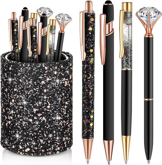 Sabary 8 Pcs Ballpoint Pens with Pen Holder for Desk Glitter Crystal Diamond Fancy Pencil Holder Bling Desk Organizer Cute Office Supplies for Women Girls Valentines Birthday Gifts(Black)
