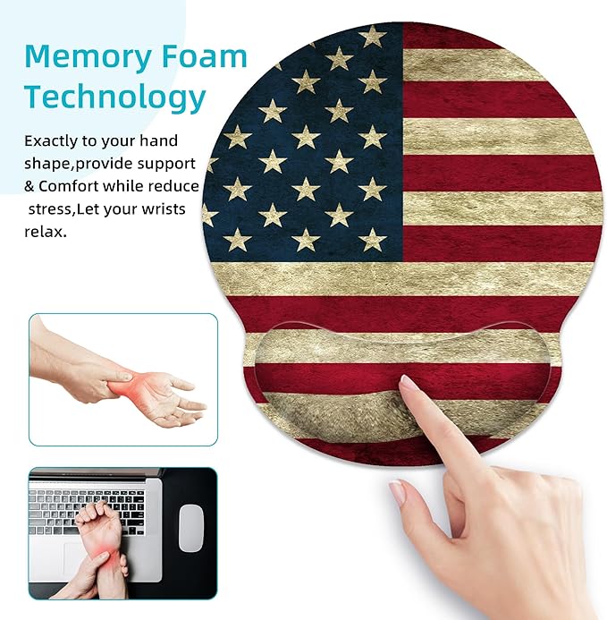 Ergonomic Mouse Pad with Wrist Support,American Flag Mouse Pad with Wrist Rest,Relieve Wrist Pain Mousepad Non-Slip Rubber Base,Mouse Pads for Desk,Computers,Laptop,Office,Home,Gaming,Accessories