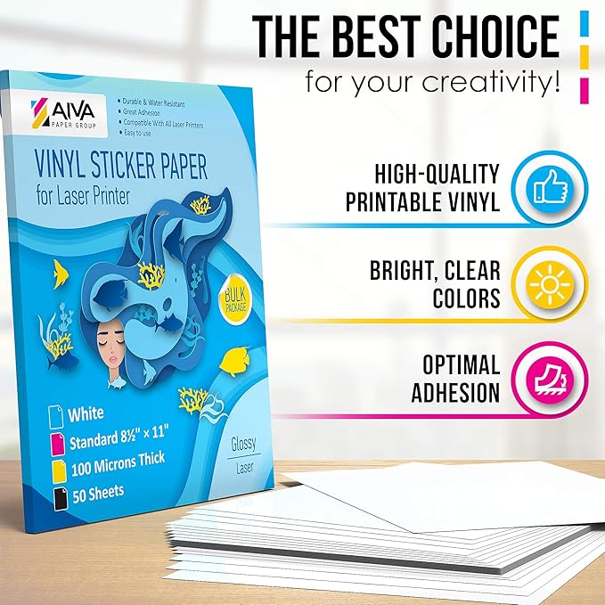 Printable Vinyl Sticker Paper for Laser Printer - Glossy White - 50 Self-Adhesive Sheets - Waterproof Decal Paper - Standard Letter Size 8.5"x11"