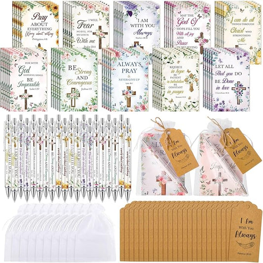 200 Pcs Bible Verse Sets Church Christian Gift Include 50 Scripture Notebooks 50 Bible Bamboo Pens 50 Thanks Tags 50 Organza Bags for Women Man Christian Party Gifts(Colorful,Floral)